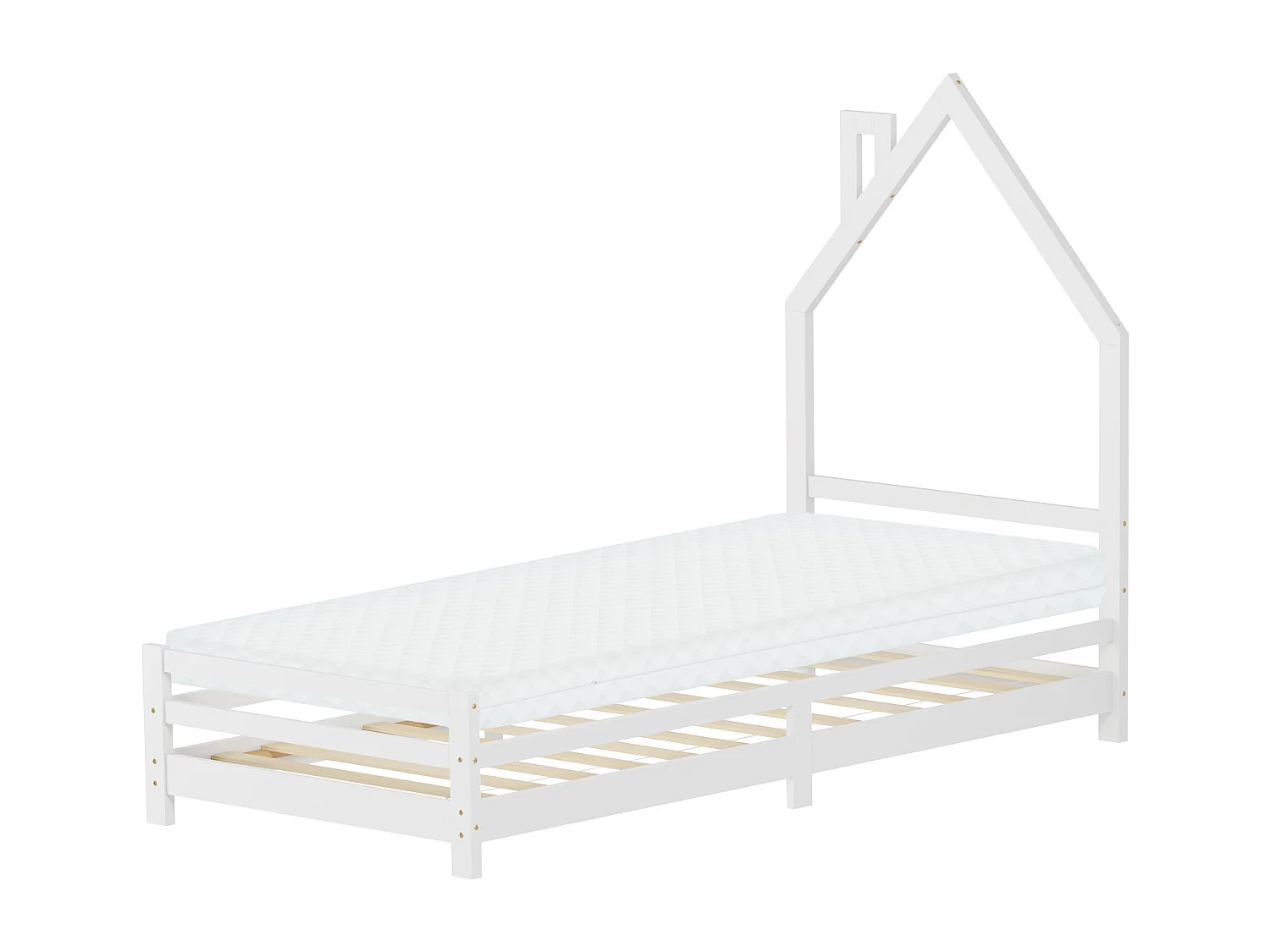 Lit d'enfant 90x200 cm avec matelas H10 cm en mousse cadre blanc en bois design de maison pin massif robuste avec sommier à lattes et filet de but