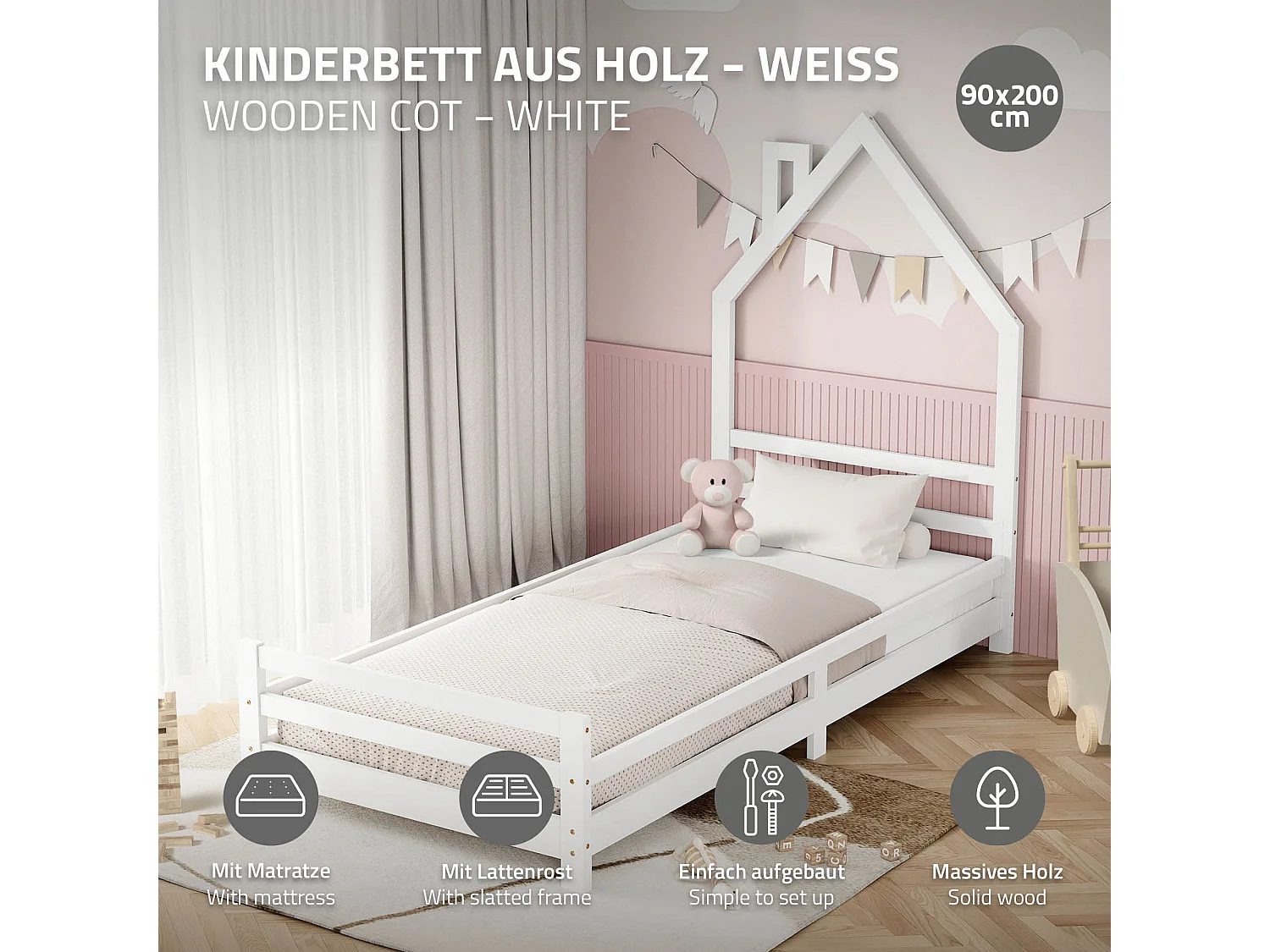 Lit d'enfant 90x200 cm avec matelas H10 cm en mousse cadre blanc en bois design de maison pin massif robuste avec sommier à lattes et filet de but