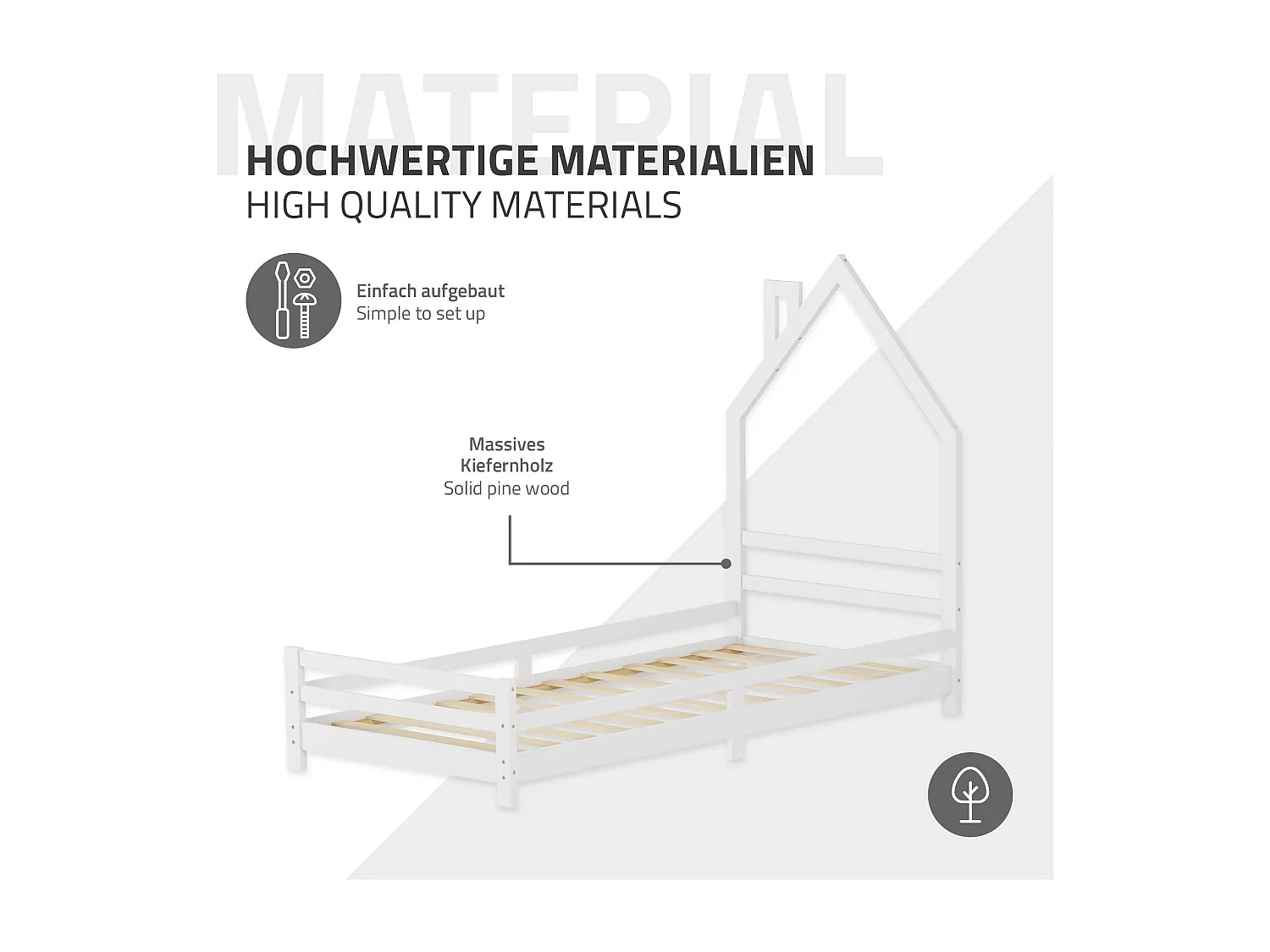 Lit d'enfant 90x200 cm avec matelas H10 cm en mousse cadre blanc en bois design de maison pin massif robuste avec sommier à lattes et filet de but