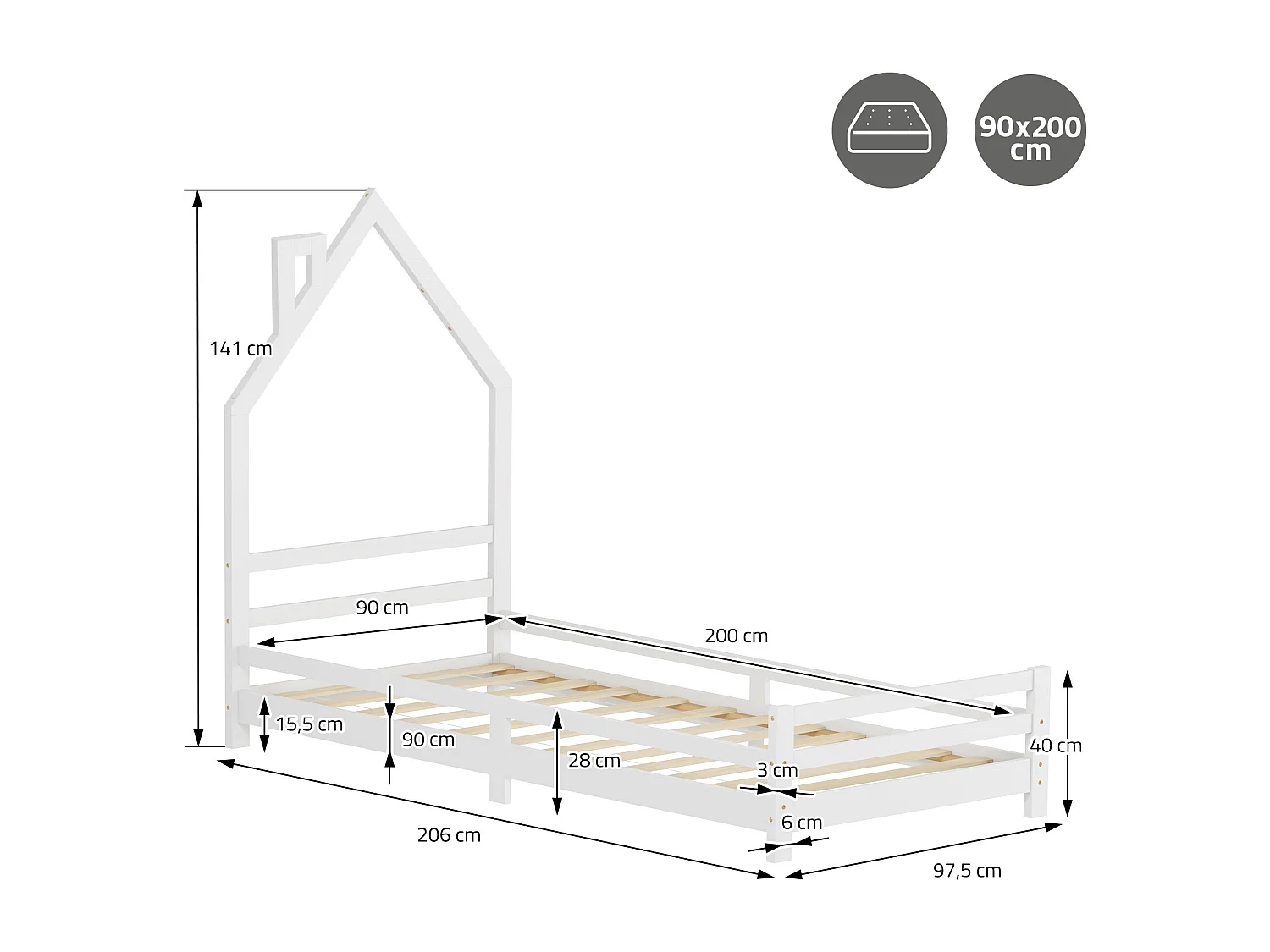 Lit d'enfant 90x200 cm avec matelas H10 cm en mousse cadre blanc en bois design de maison pin massif robuste avec sommier à lattes et filet de but