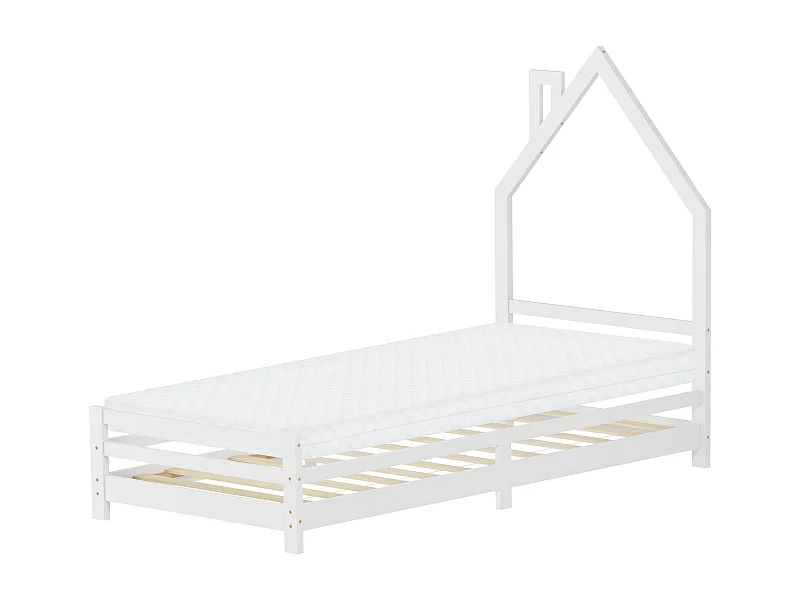 Lit d'enfant 90x200 cm avec matelas H10 cm en mousse cadre blanc en bois design de maison pin massif robuste avec sommier à lattes et filet de but
