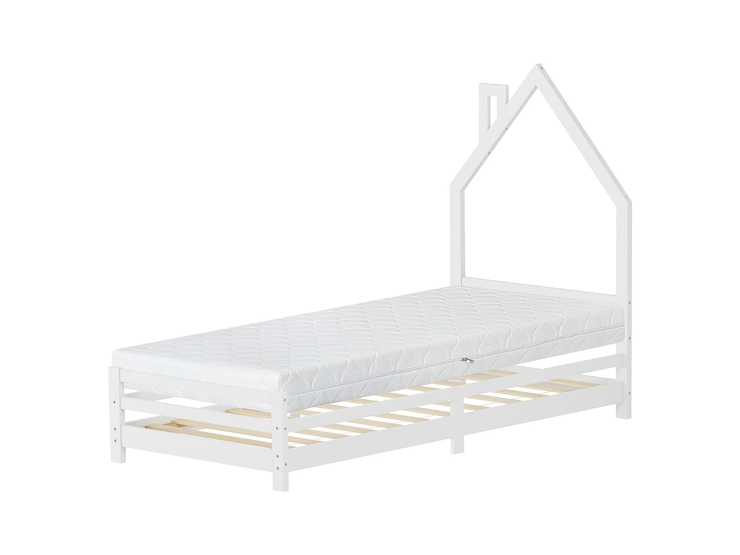 Lit d'enfant 90x200 cm avec matelas H16 cm en mousse cadre blanc en bois design de maison pin massif robuste avec sommier à lattes et filet de but