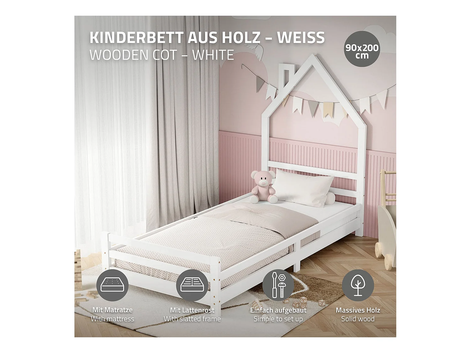 Lit d'enfant 90x200 cm avec matelas H16 cm en mousse cadre blanc en bois design de maison pin massif robuste avec sommier à lattes et filet de but