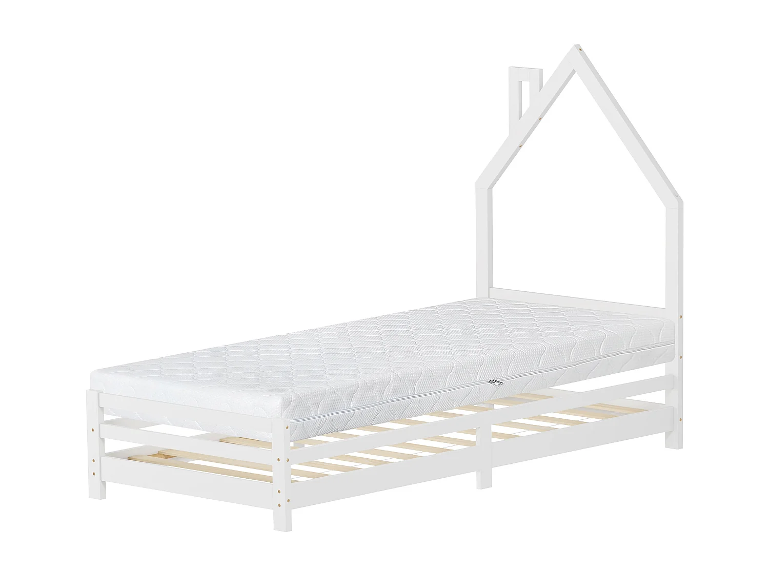 Lit d'enfant 90x200 cm avec matelas H16 cm en mousse cadre blanc en bois design de maison pin massif robuste avec sommier à lattes et filet de but
