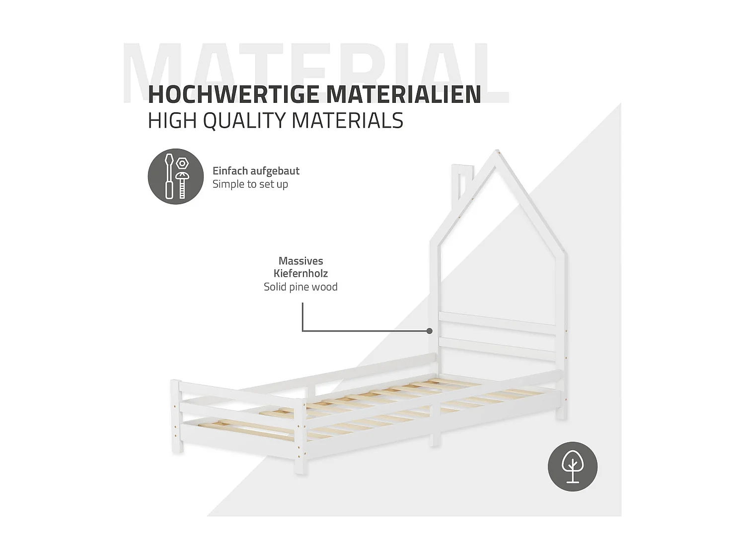 Lit d'enfant 90x200 cm avec matelas H16 cm en mousse cadre blanc en bois design de maison pin massif robuste avec sommier à lattes et filet de but