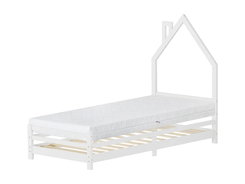 Lit d'enfant 90x200 cm avec matelas H16 cm en mousse cadre blanc en bois design de maison pin massif robuste avec sommier à lattes et filet de but