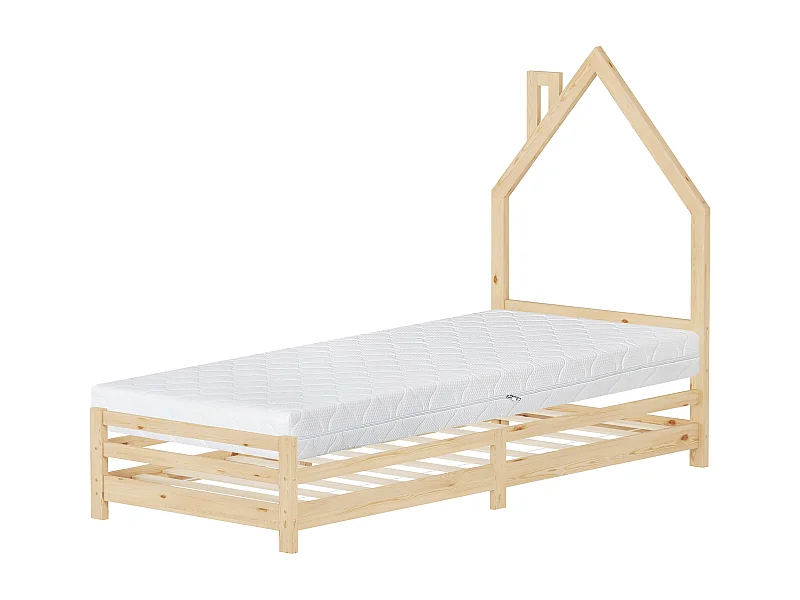 ML-Design Letto bambini 90x200 cm in pino naturale con testiera casetta, materasso 16 cm, rete a doghe, letto Montessori, lettino per cameretta
