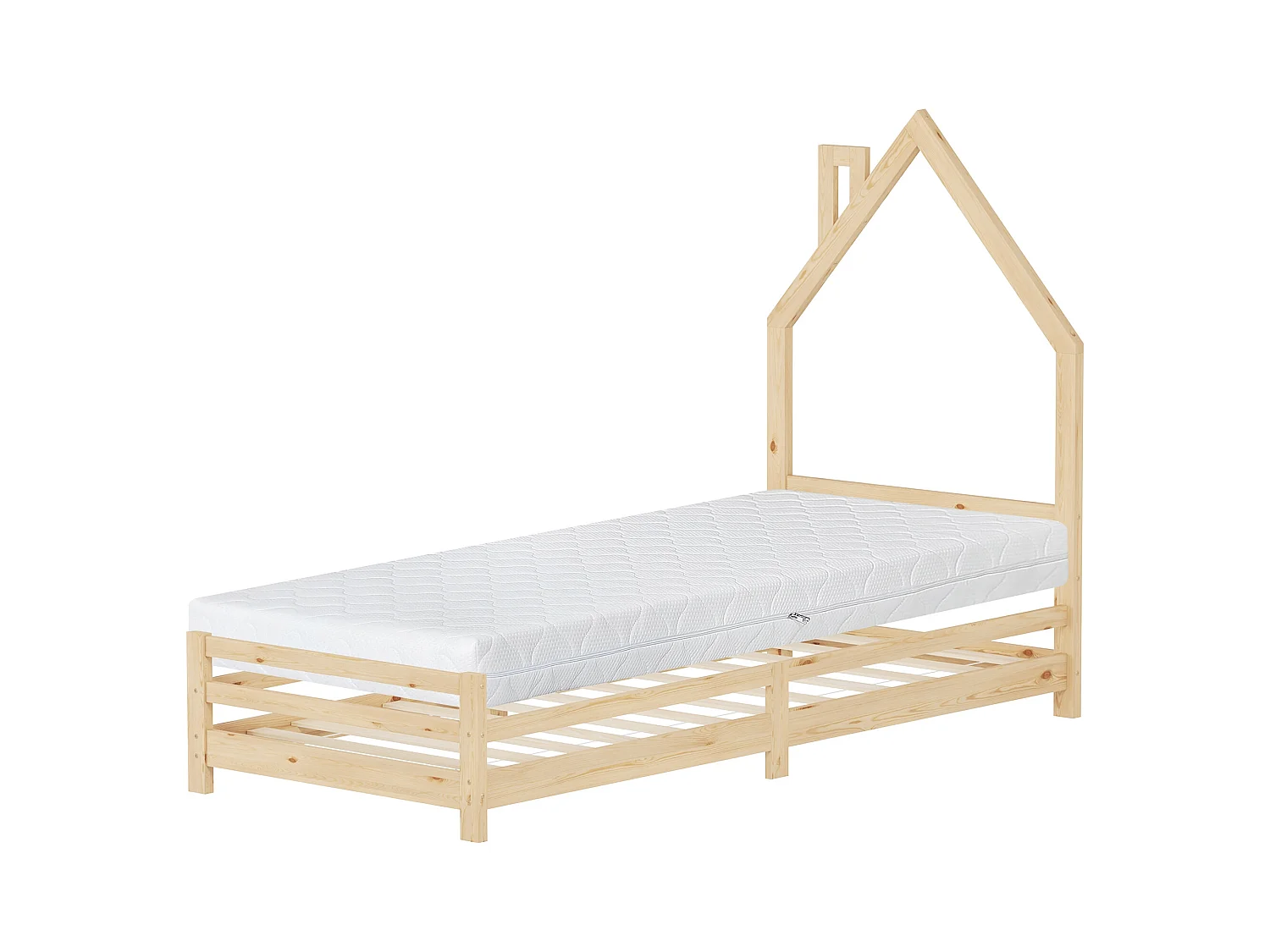 Lit d'enfant 90x200 cm avec matelas H16 cm en mousse cadre naturel en bois design de maison pin massif robuste avec sommier à lattes et filet de but