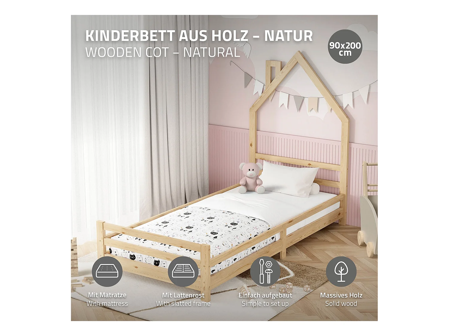 Lit d'enfant 90x200 cm avec matelas H16 cm en mousse cadre naturel en bois design de maison pin massif robuste avec sommier à lattes et filet de but