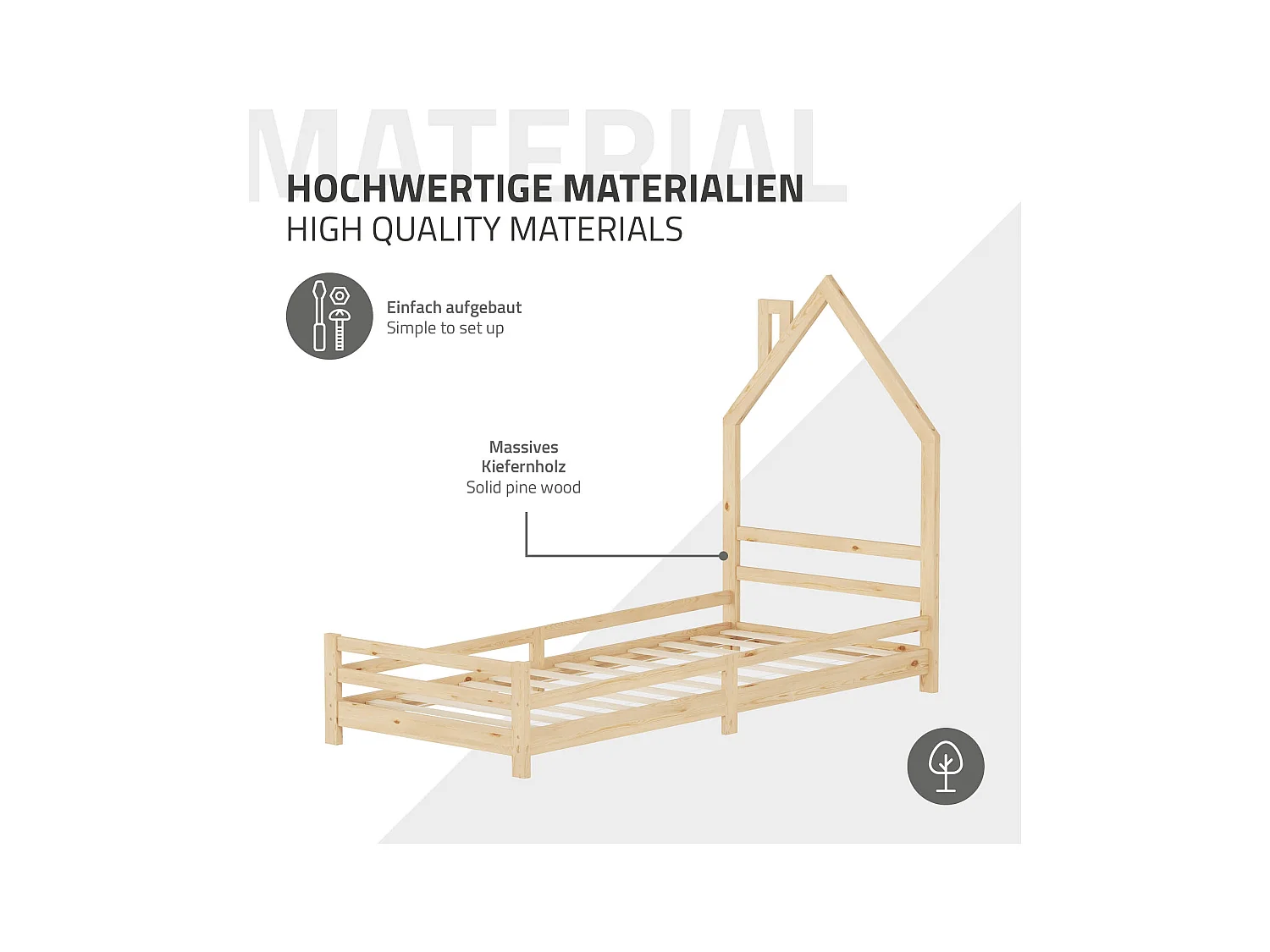 Lit d'enfant 90x200 cm avec matelas H16 cm en mousse cadre naturel en bois design de maison pin massif robuste avec sommier à lattes et filet de but
