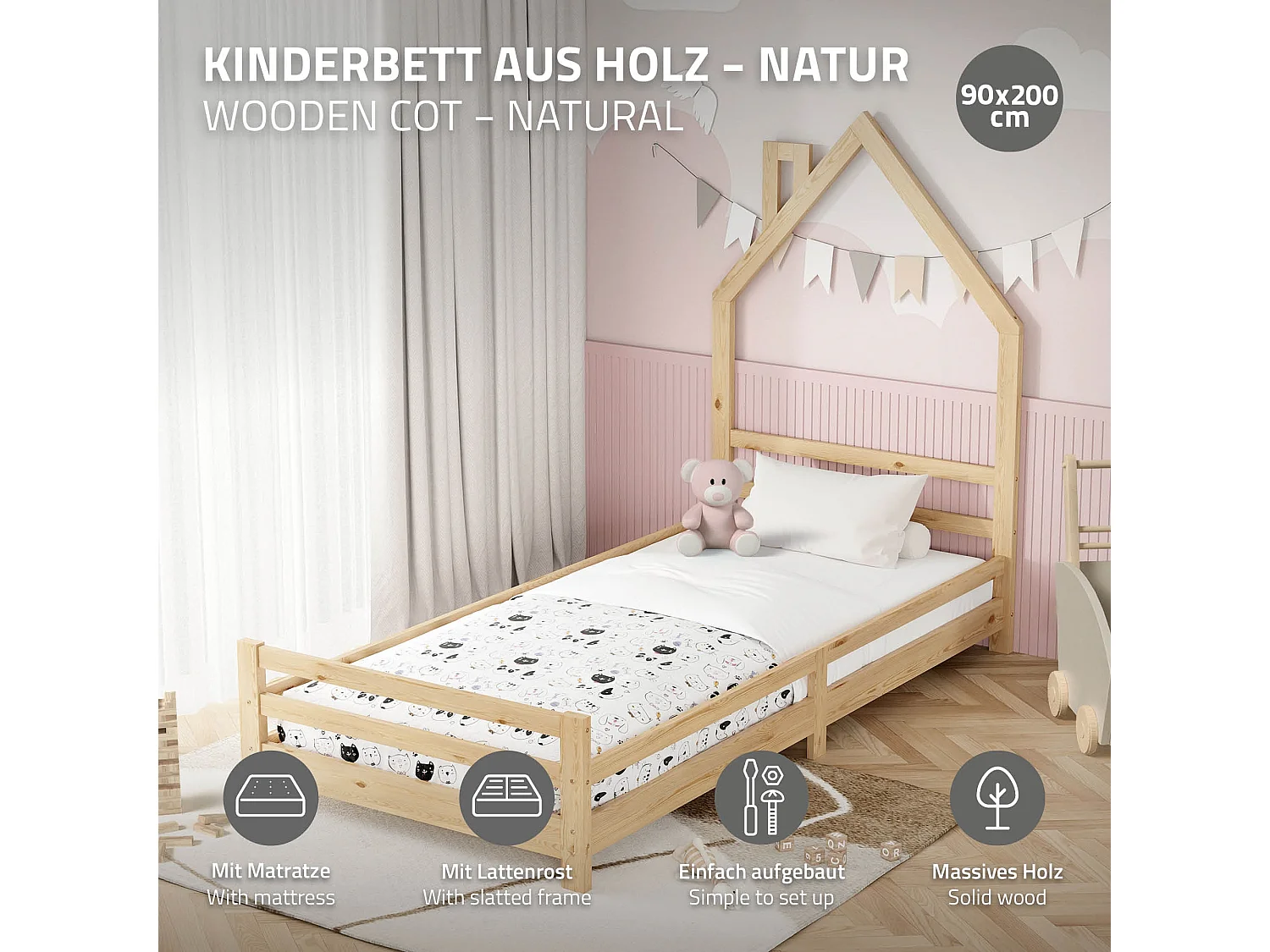 Lit d'enfant 90x200 cm avec matelas H16 cm en mousse cadre naturel en bois design de maison pin massif robuste avec sommier à lattes et filet de but