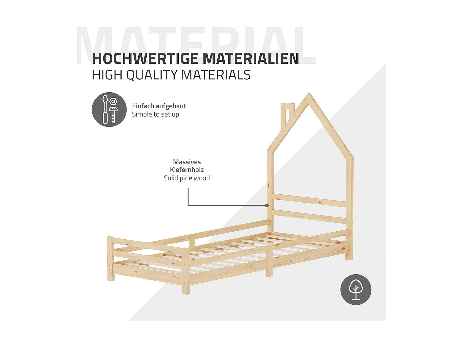 Lit d'enfant 90x200 cm avec matelas H16 cm en mousse cadre naturel en bois design de maison pin massif robuste avec sommier à lattes et filet de but