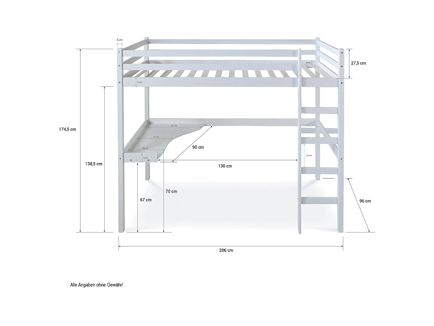 Lit mezzanine multifonctionnel pour bois blanche 206 x 96 x 175 cm LIT06235