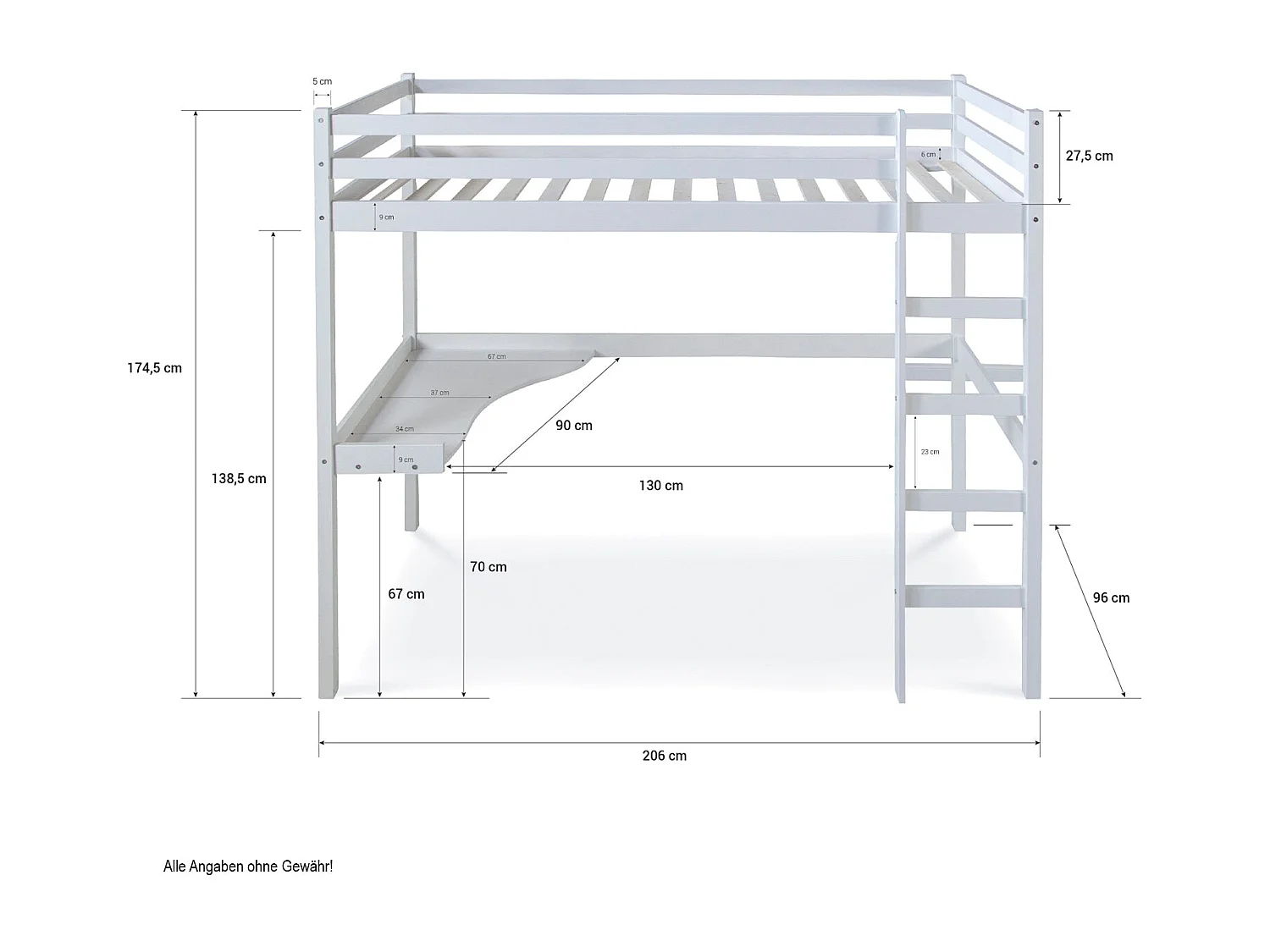 Lit mezzanine multifonctionnel pour bois blanche 206 x 96 x 175 cm LIT06235