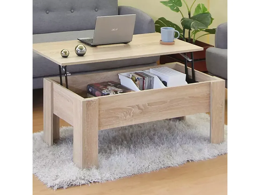 Table basse relevable 100 x 50 cm avec rangement chêne LUCASE