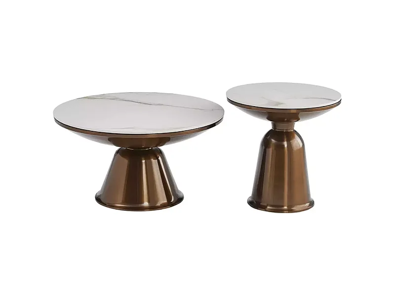 Ensemble de deux petites tables basses rondes en céramique effet marbre blanc et cuivre hauteur 41 cm LUNEL