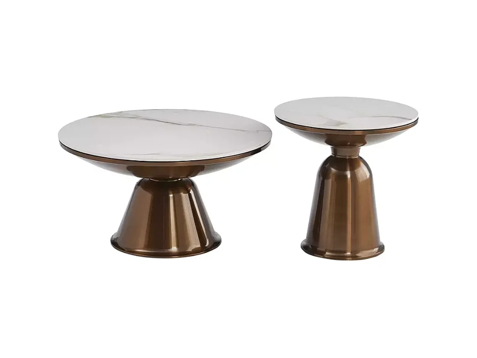 Ensemble de deux petites tables basses rondes en céramique effet marbre blanc et cuivre hauteur 41 cm LUNEL