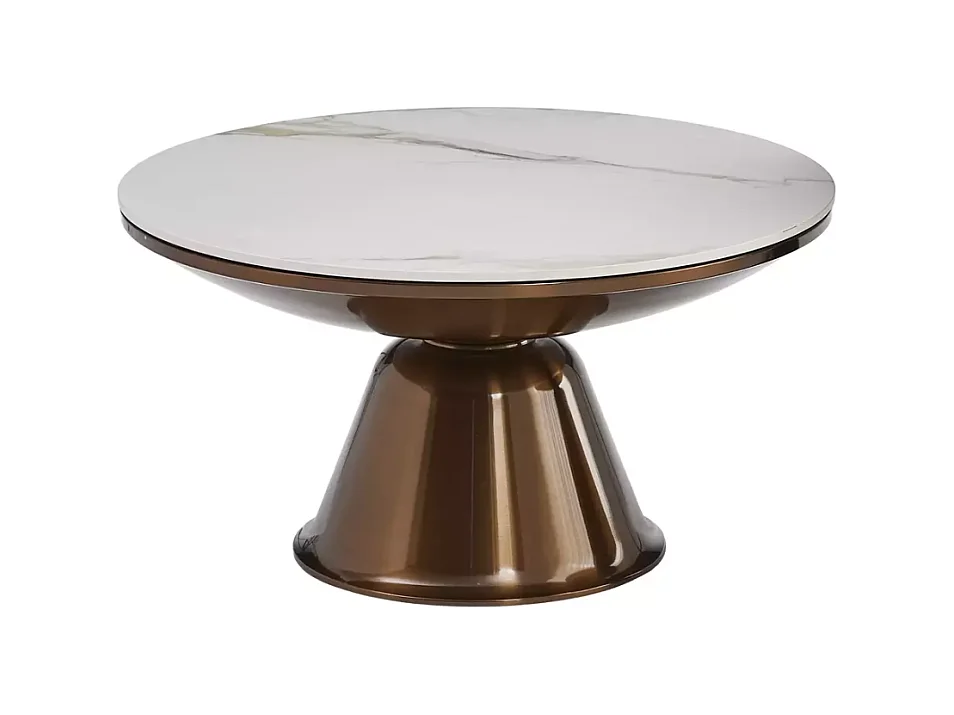 Ensemble de deux petites tables basses rondes en céramique effet marbre blanc et cuivre hauteur 41 cm LUNEL