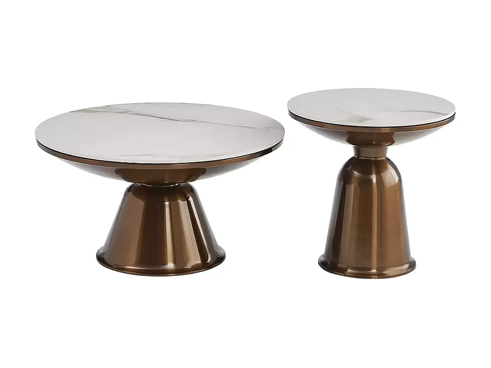Ensemble de deux petites tables basses rondes en céramique effet marbre blanc et cuivre hauteur 41 cm LUNEL