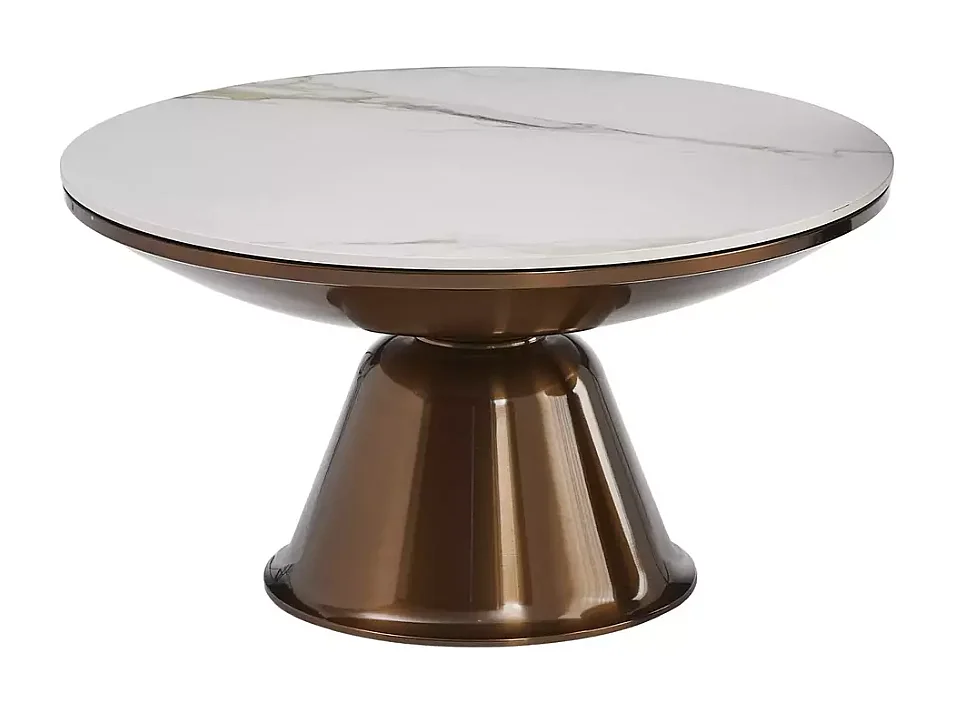 Ensemble de deux petites tables basses rondes en céramique effet marbre blanc et cuivre hauteur 41 cm LUNEL