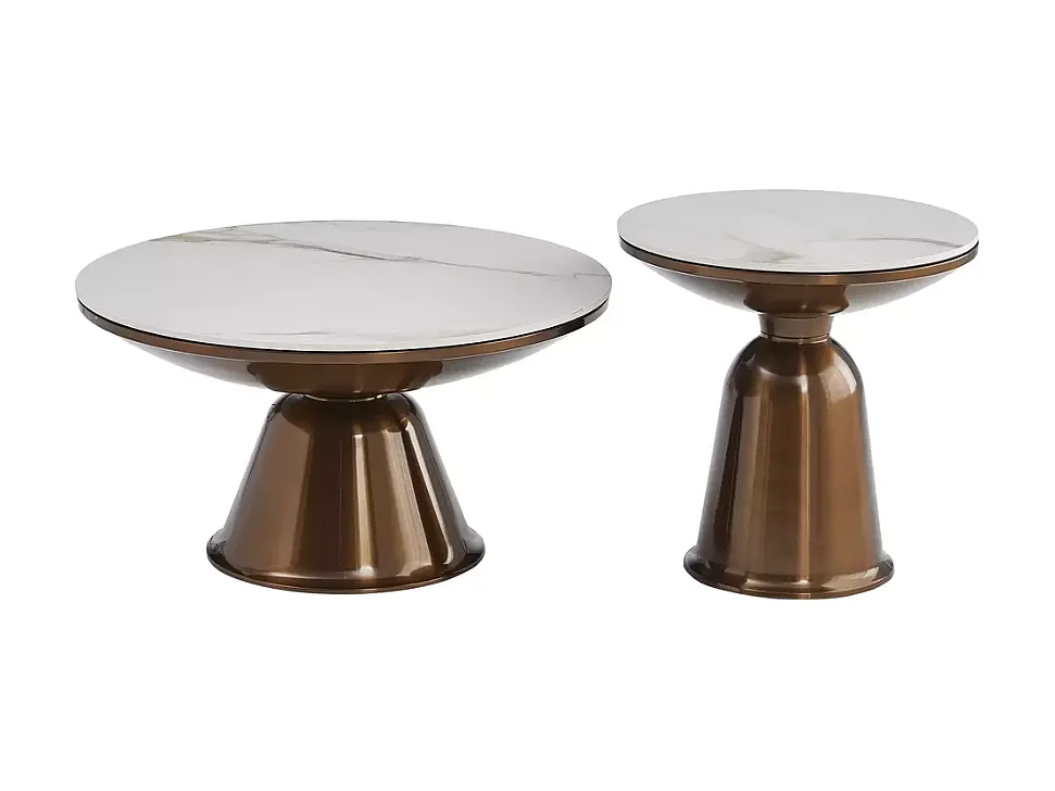 Ensemble de deux petites tables basses rondes en céramique effet marbre blanc et cuivre hauteur 41 cm LUNEL