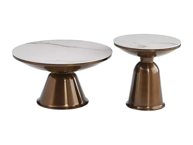 Ensemble de deux petites tables basses rondes en céramique effet marbre blanc et cuivre hauteur 41 cm LUNEL