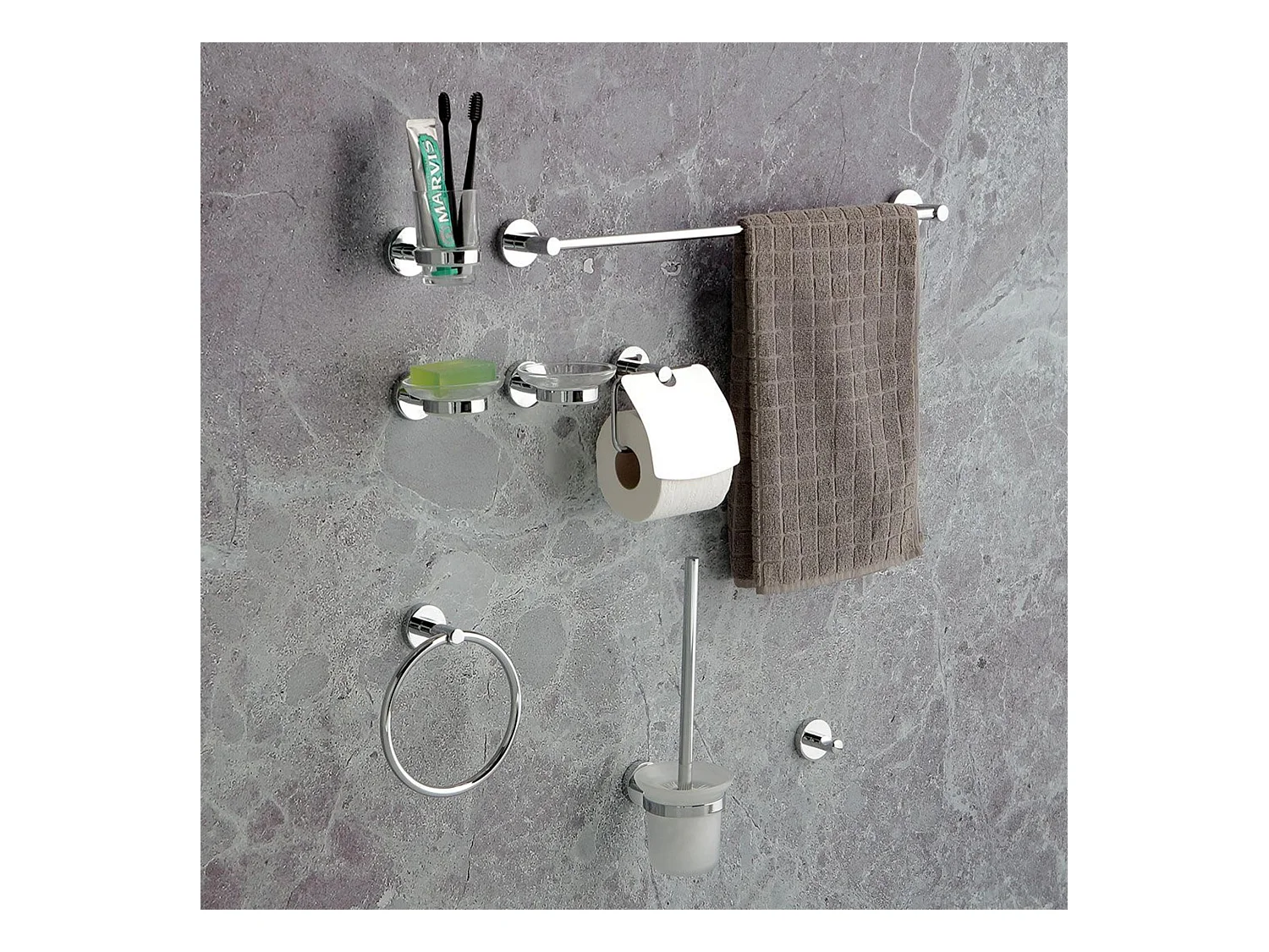 Ensemble de 8 accessoires de salle de bain "Lukas" en métal chromé pour mur