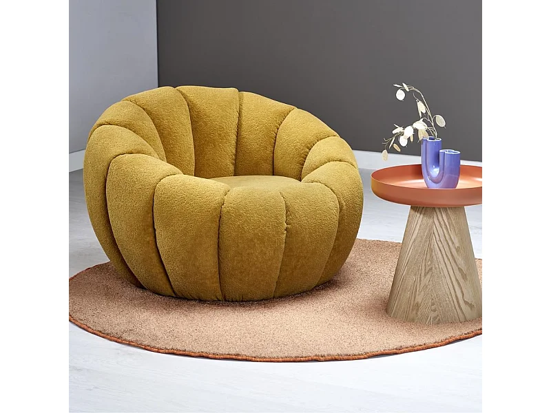 Fauteuil rond coquillage en tissu jaune moutarde Alix