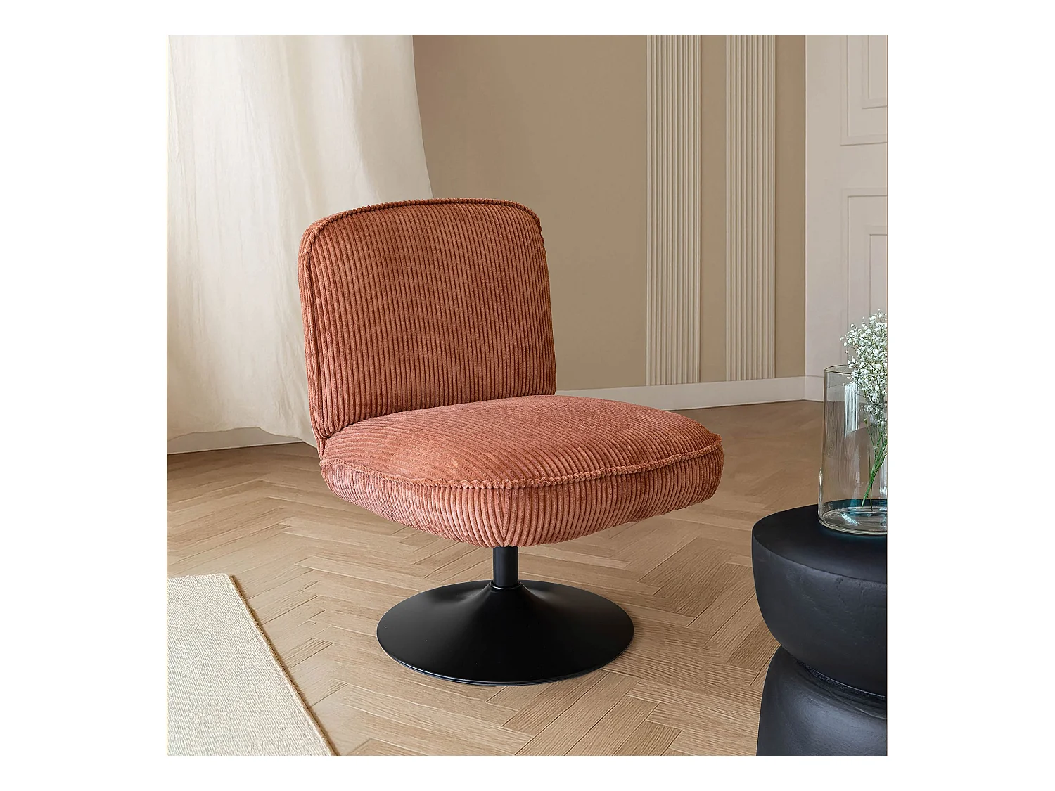Now's Home - Fauteuil Pivotant Velour Cotele Terra Pied Metal Noir 62x74x75cm Funky