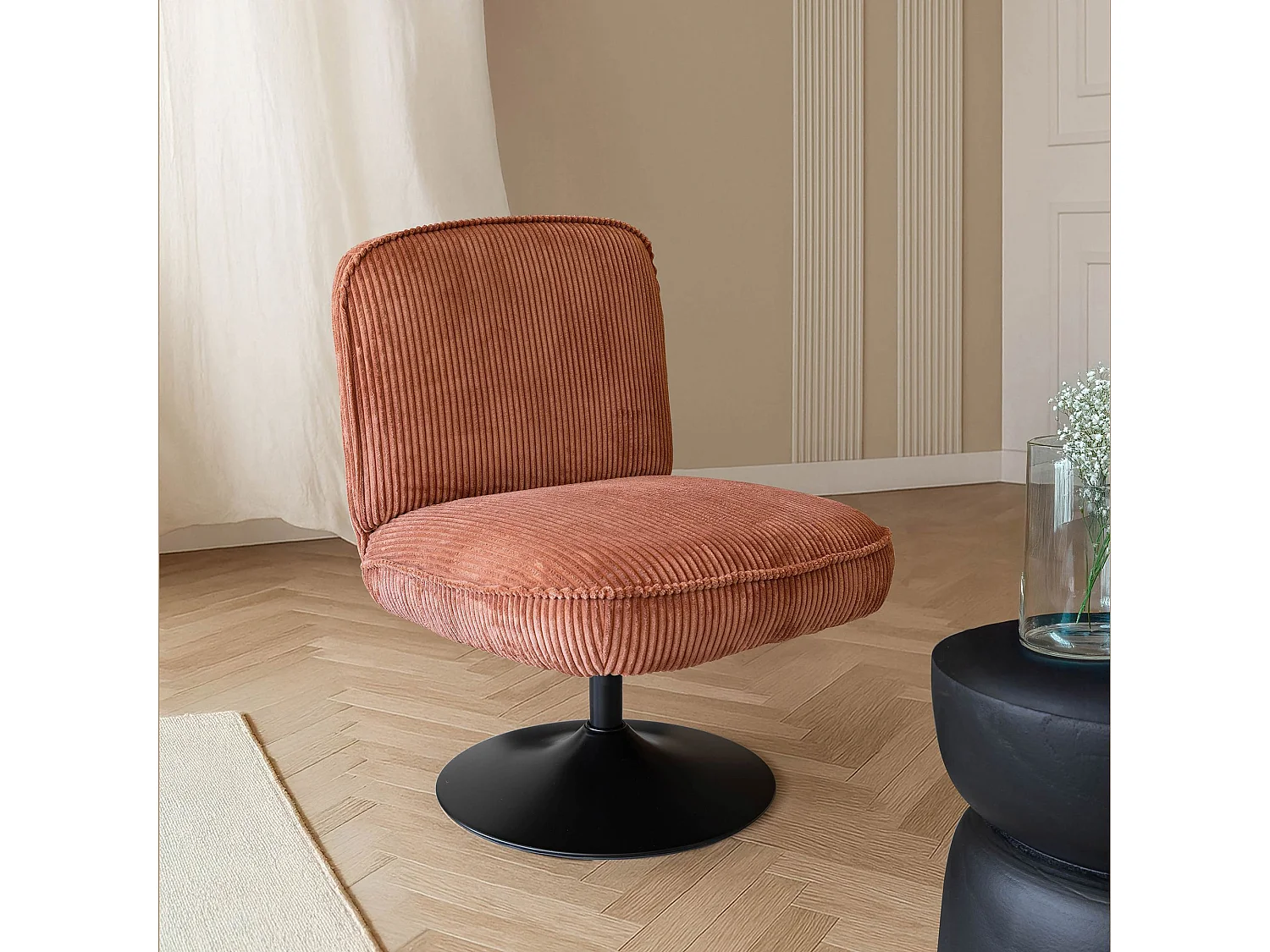 Now's Home - Fauteuil Pivotant Velour Cotele Terra Pied Metal Noir 62x74x75cm Funky