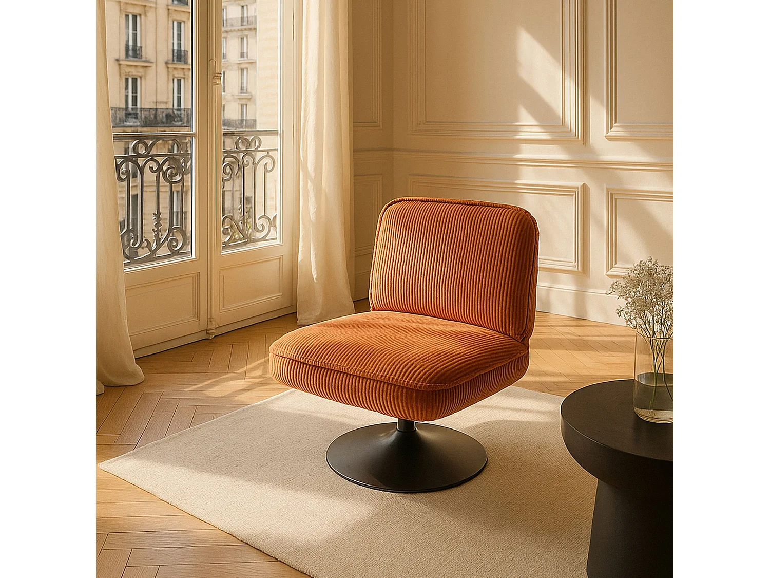 Now's Home - Fauteuil Pivotant Velour Cotele Terra Pied Metal Noir 62x74x75cm Funky