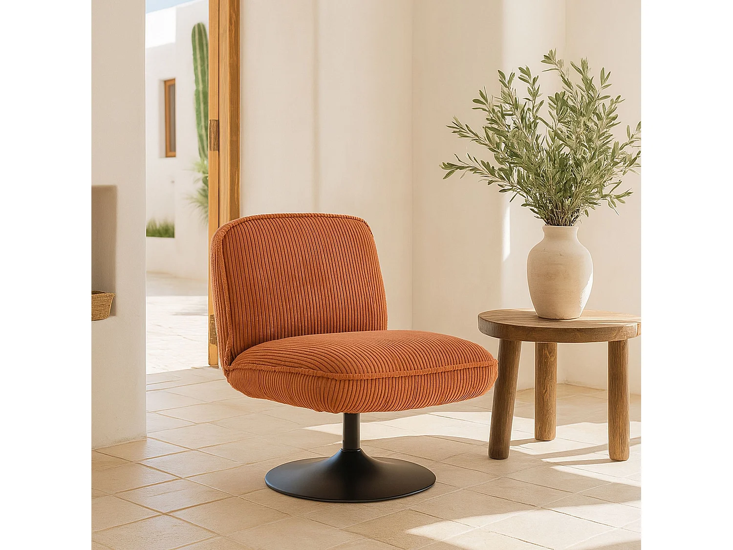 Now's Home - Fauteuil Pivotant Velour Côtelé Terra Pied Métal Noir 62x74x75cm Funky