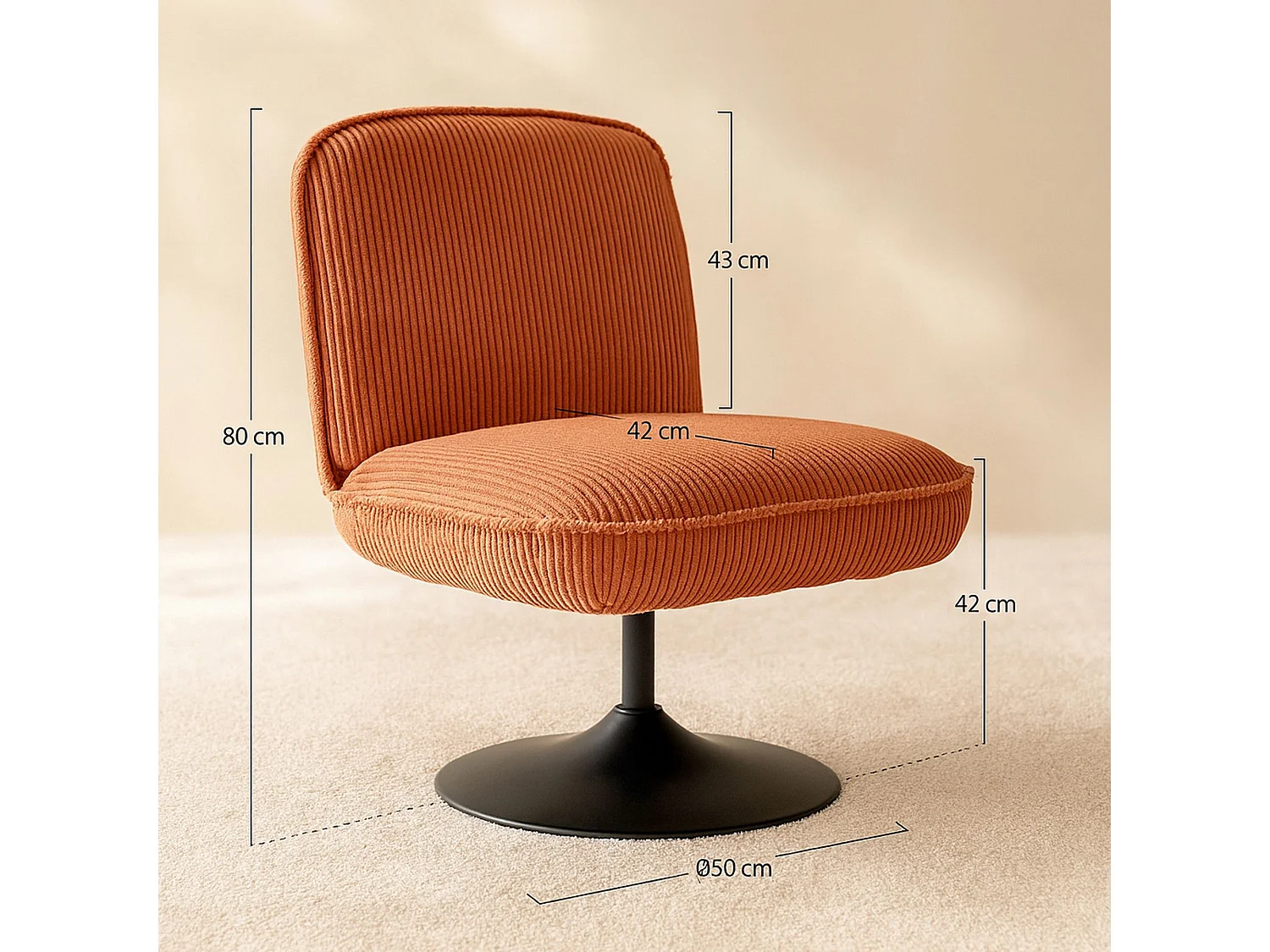 Now's Home - Fauteuil Pivotant Velour Côtelé Terra Pied Métal Noir 62x74x75cm Funky