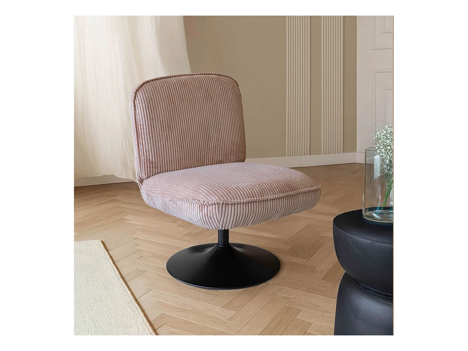 Now's Home - Fauteuil Pivotant Velour Cotele Rose Pied Metal Noir 62x74x75cm Funky
