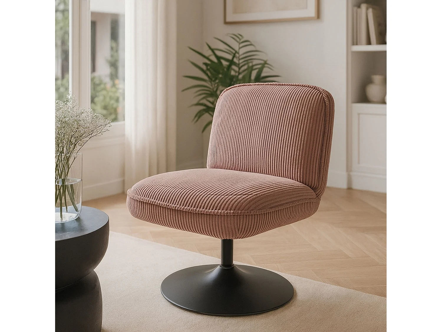 Now's Home - Fauteuil Pivotant Velour Cotele Rose Pied Metal Noir 62x74x75cm Funky
