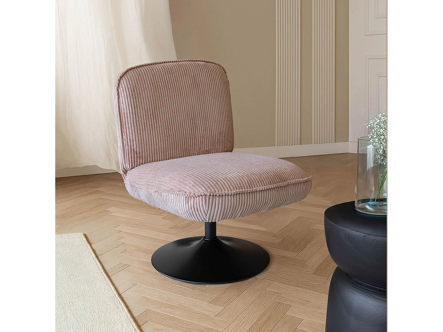 Now's Home - Fauteuil Pivotant Velour Cotele Rose Pied Metal Noir 62x74x75cm Funky
