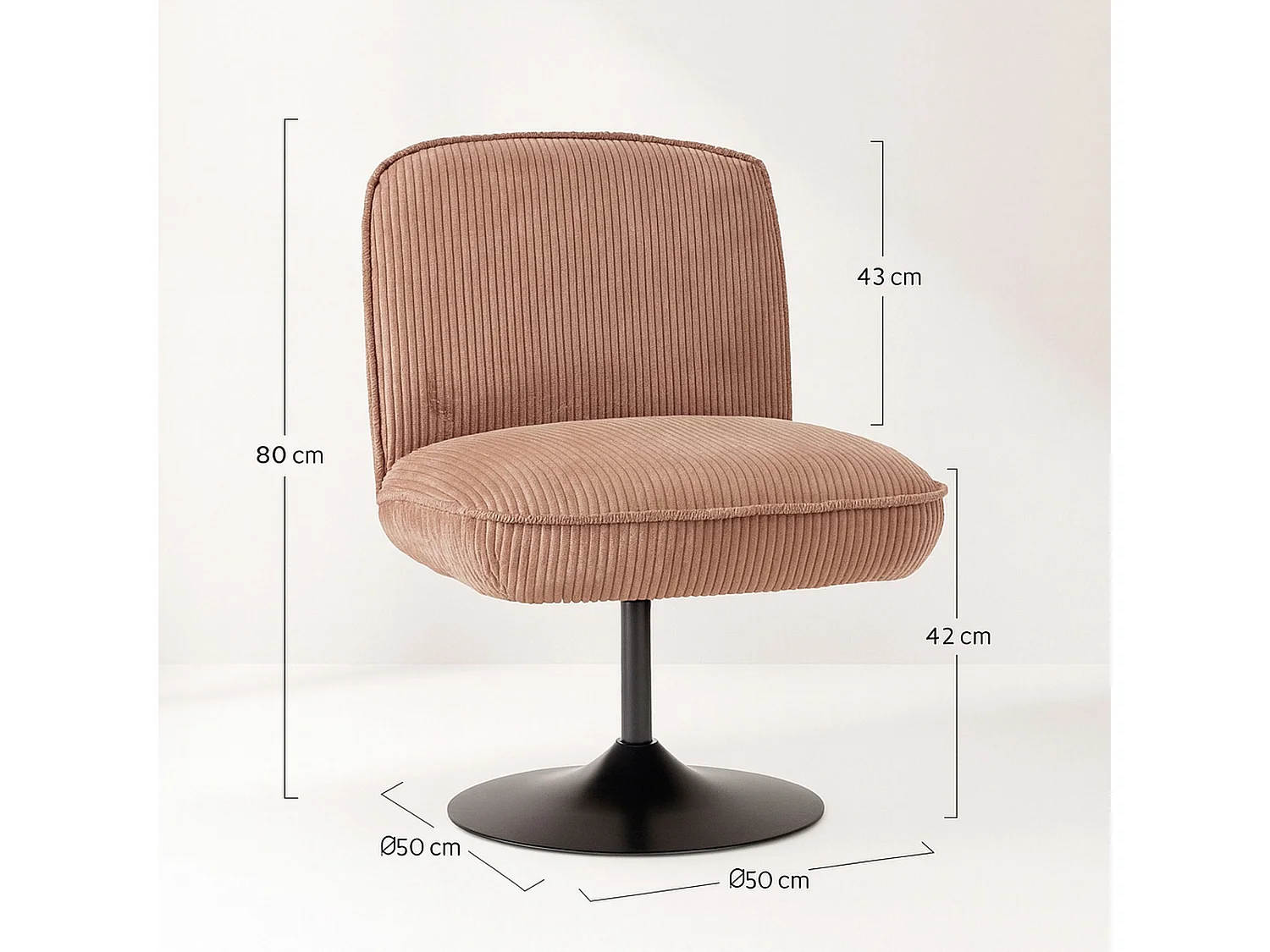 Now's Home - Fauteuil Pivotant Velour Côtelé Rose Pied Metal Noir 62x74x75cm Funky