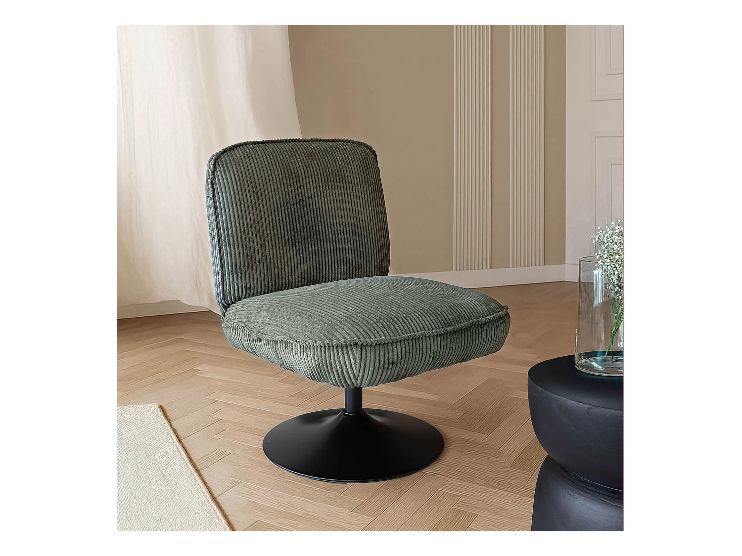 Now's Home - Fauteuil Pivotant Velour Cotele Vert Pied Metal Noir 62x74x75cm Funky