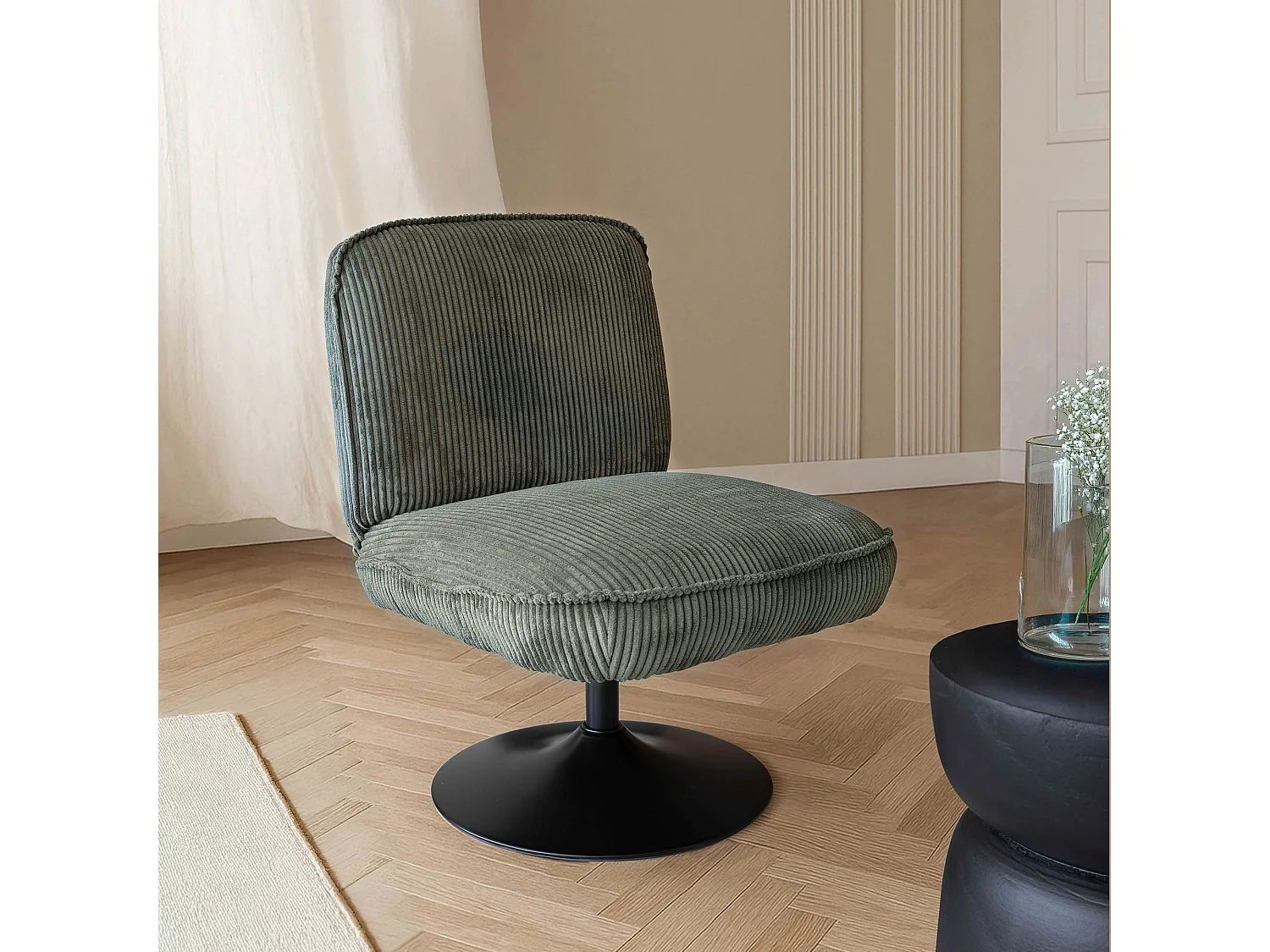 Now's Home - Fauteuil Pivotant Velour Cotele Vert Pied Metal Noir 62x74x75cm Funky