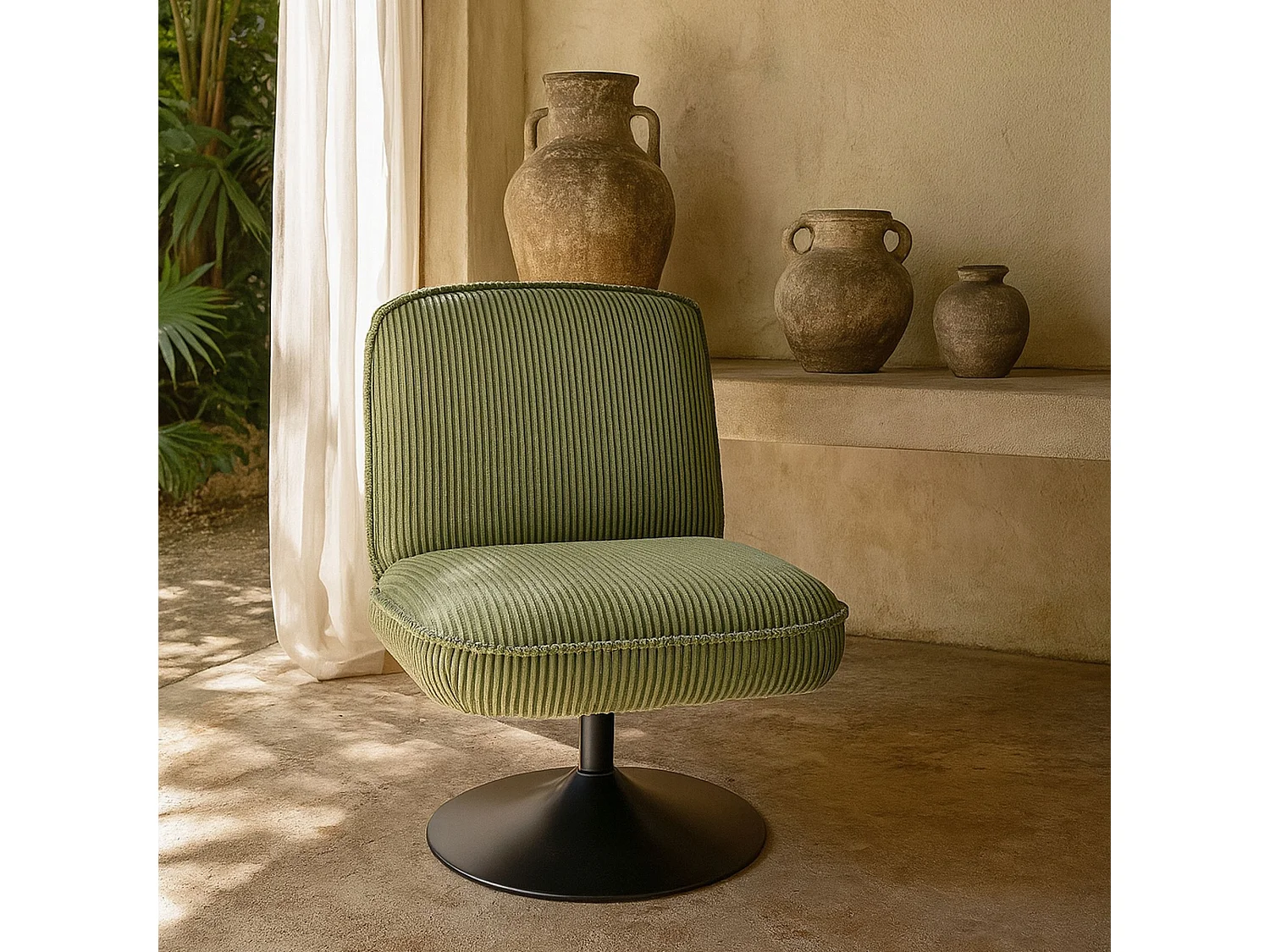 Now's Home - Fauteuil Pivotant Velour Côtelé Vert Pied Métal Noir 62x74x75cm Funky