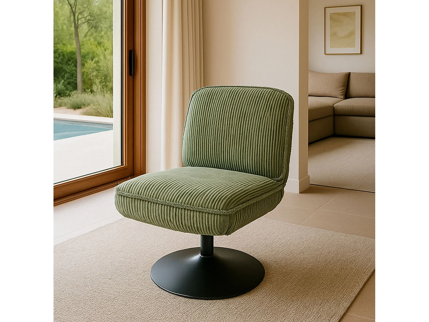 Now's Home - Fauteuil Pivotant Velour Côtelé Vert Pied Métal Noir 62x74x75cm Funky