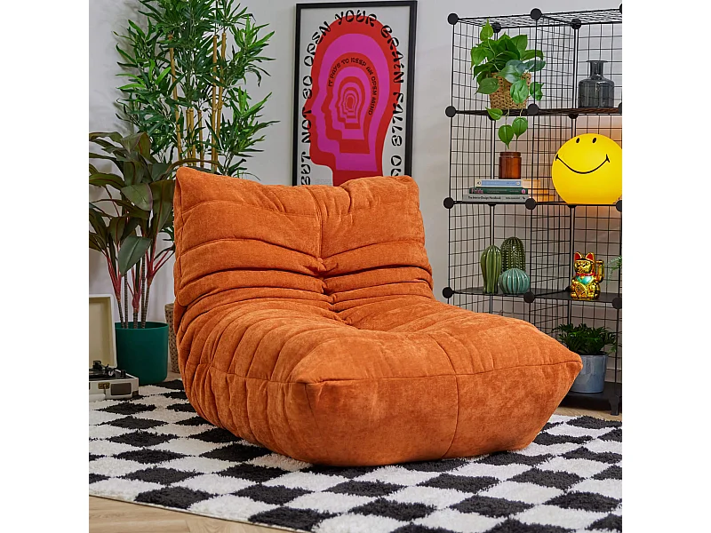 Pouf chauffeuse en tissu chenille garni de mousse extensible, orange - ENZO