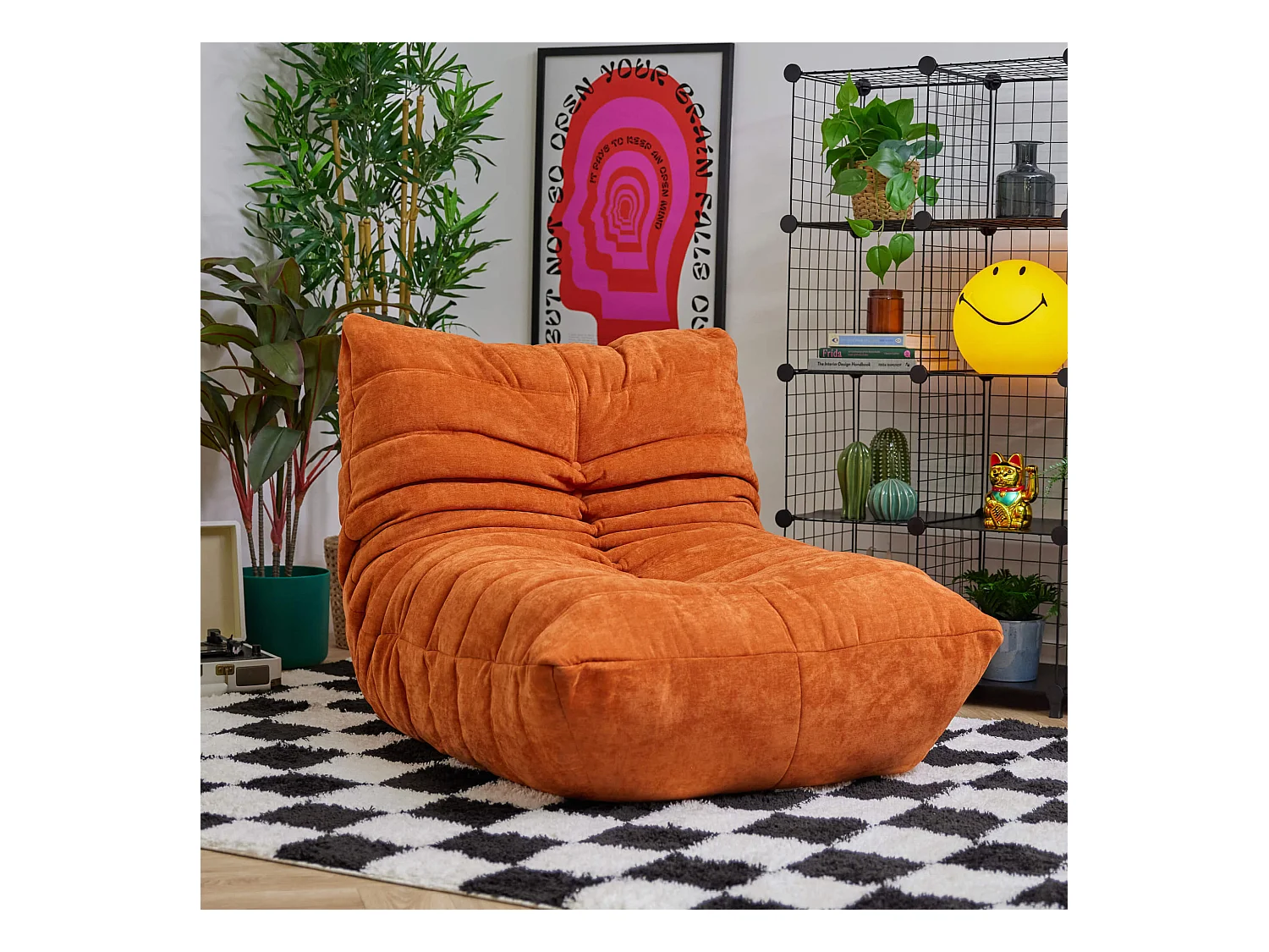 Pouf chauffeuse en tissu chenille garni de mousse extensible, orange - ENZO