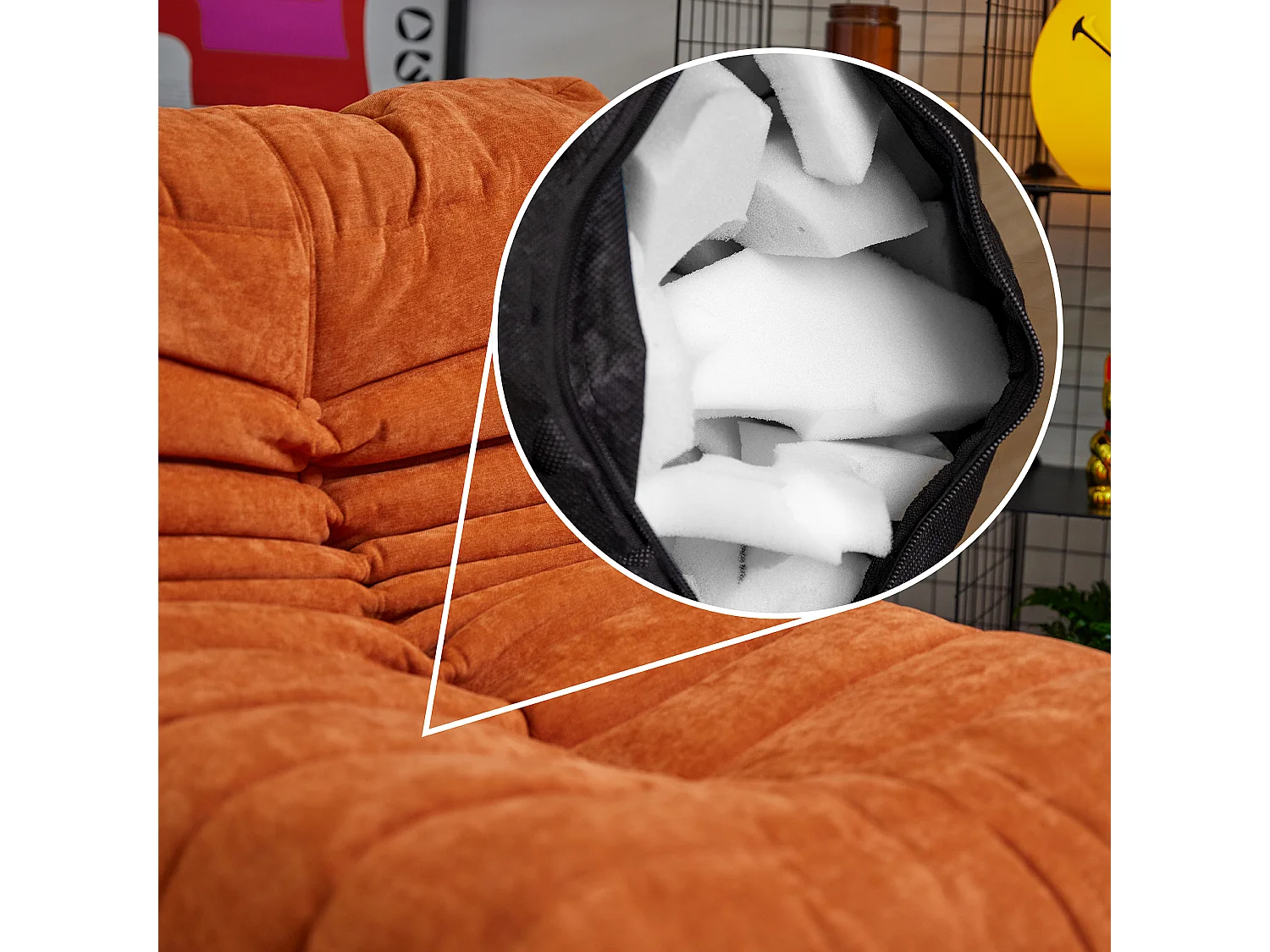 Pouf chauffeuse en tissu chenille garni de mousse extensible, orange - ENZO