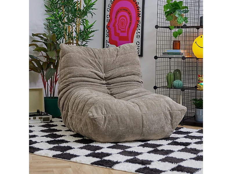 Pouf chauffeuse en tissu chenille garni de mousse extensible, beige - ENZO