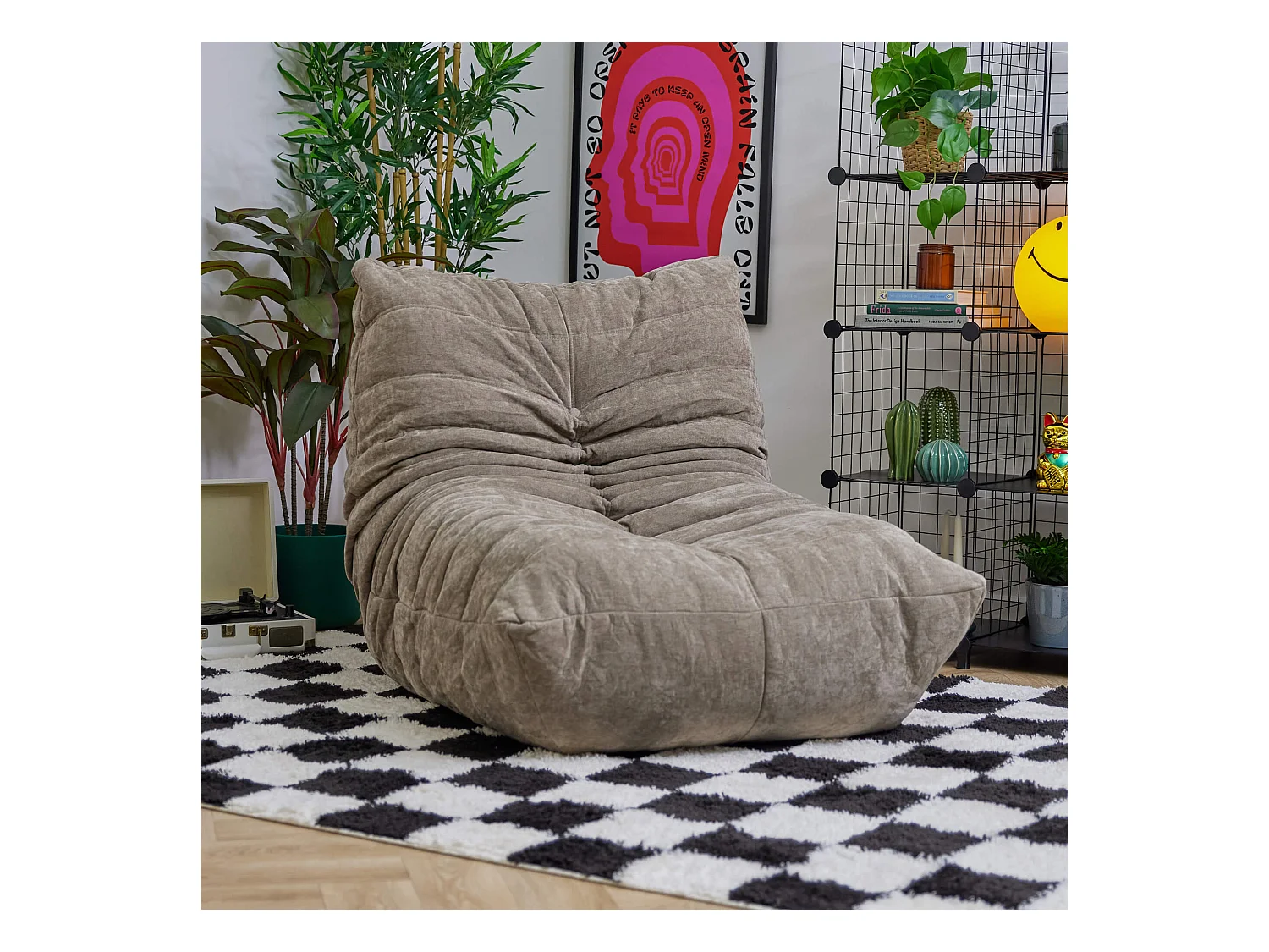 Pouf chauffeuse en tissu chenille garni de mousse extensible, beige - ENZO