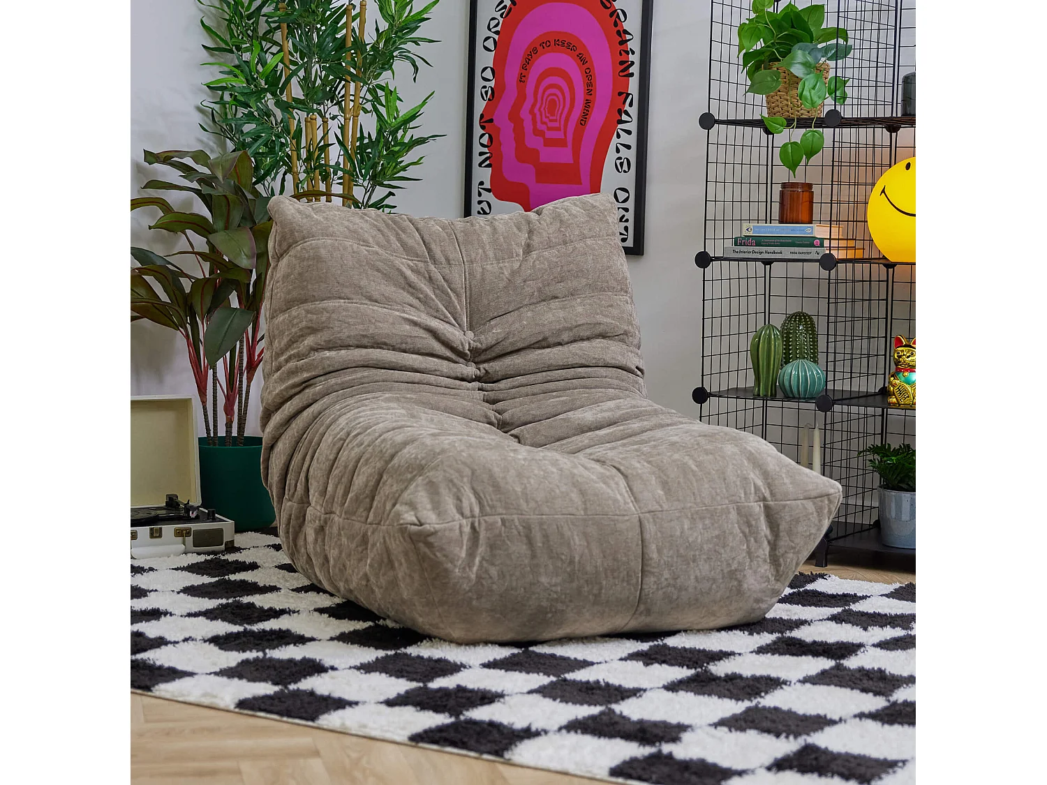 Pouf chauffeuse en tissu chenille garni de mousse extensible, beige - ENZO