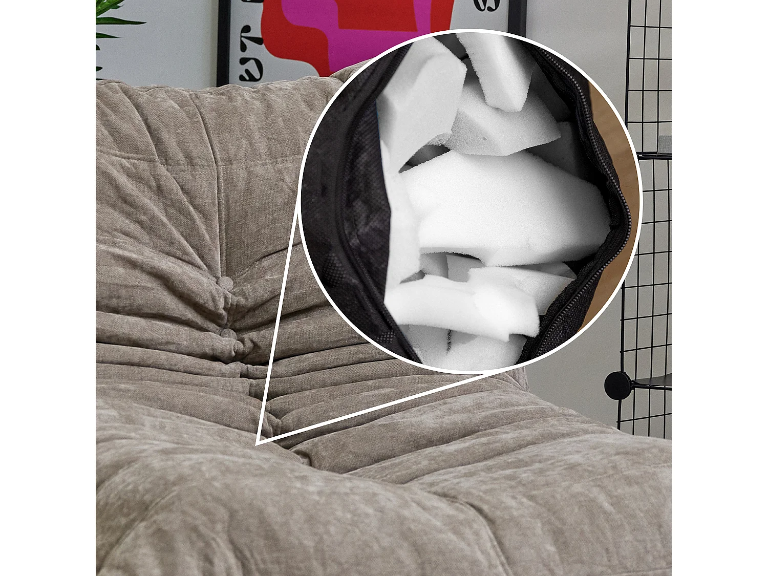 Pouf chauffeuse en tissu chenille garni de mousse extensible, beige - ENZO