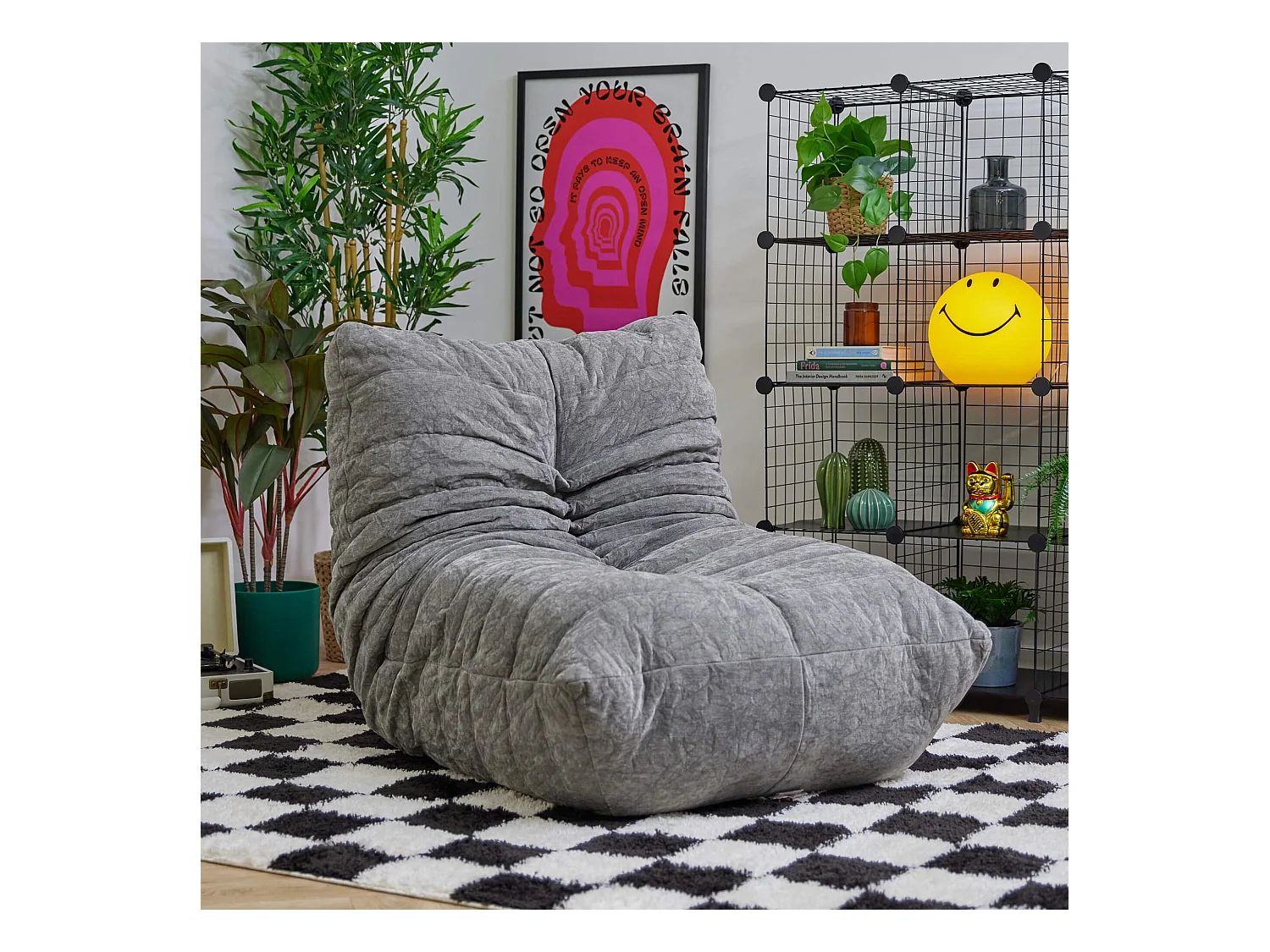 Pouf chauffeuse en tissu chenille garni de mousse extensible, gris - ENZO