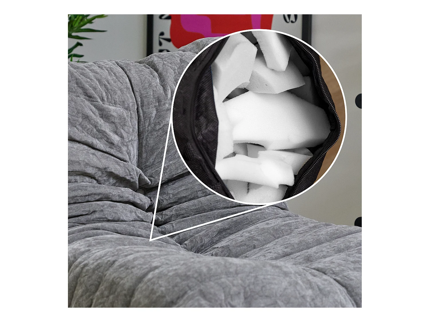 Pouf chauffeuse en tissu chenille garni de mousse extensible, gris - ENZO